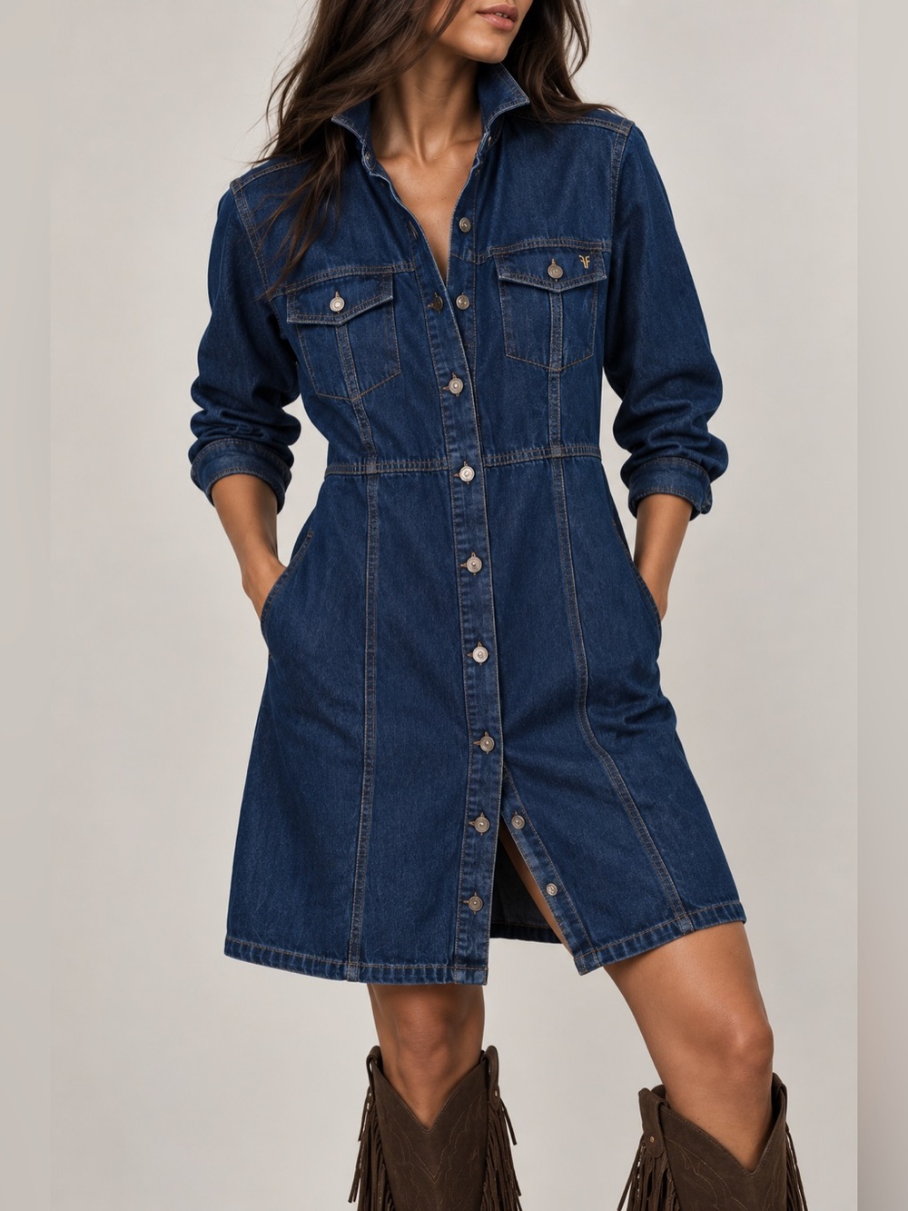 Frye Casual Dark Blue Denim Button-Front Midi Shirt Dress Sz Med
